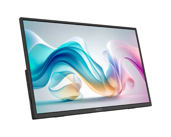 Angled computer monitor displaying a bright abstract wallpaper with blue, teal, and pink ribbon-like shapes on screen
