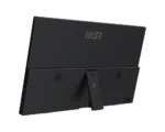 Rear view of a black msi gaming monitor mounted on a stand, showing the msi logo and back vents.