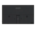 Rear view of a dark gray msi hardware unit featuring a central vertical pro button, two circular vents, and branding logos on the bottom-right.
