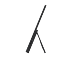 Side view of a slim black drawing tablet with an adjustable kickstand on a black background, showing ports on the left edge