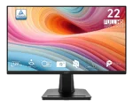 22-inch msi full hd monitor on a stand displaying a vibrant abstract wallpaper with a tÜv rheinland certification badge.
