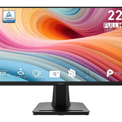 22-inch msi full hd monitor on a stand displaying a vibrant abstract wallpaper with a tÜv rheinland certification badge.