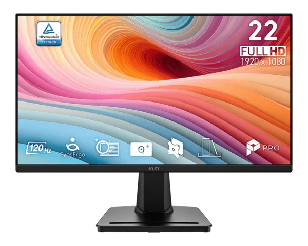 22-inch msi full hd monitor on a stand displaying a vibrant abstract wallpaper with a tÜv rheinland certification badge.