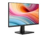 Msi computer monitor on a stand displaying a vibrant abstract wallpaper with orange, pink, and blue waves.