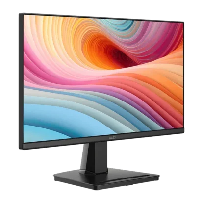 Msi computer monitor on a stand displaying a vibrant abstract wallpaper with orange, pink, and blue waves.