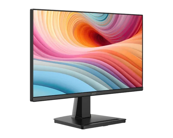 Msi computer monitor on a stand displaying a vibrant abstract wallpaper with orange, pink, and blue waves.