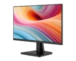 Msi computer monitor on a stand displaying a vibrant multicolor abstract wallpaper
