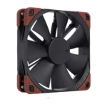 Square pc cooling fan with black blades and brown corner mounts, viewed from the front (used to cool a computer).