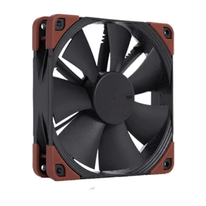 Square pc cooling fan with black blades and brown corner mounts, viewed from the front (used to cool a computer).