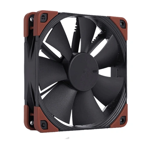 Noctua nf-f12 industrialppc-2000 ip67 pwm cabinet fan Square pc cooling fan with black blades and brown corner mounts, viewed from the front (used to cool a computer).