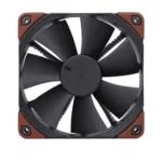 Square computer case fan with black blades and brown corner accents for cooling components in a pc.