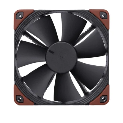 Square computer case fan with black blades and brown corner accents for cooling components in a PC.