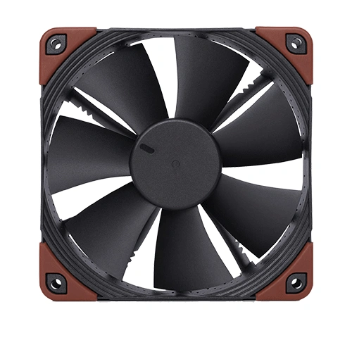 Noctua nf-f12 industrialppc-2000 ip67 pwm cabinet fan Square computer case fan with black blades and brown corner accents for cooling components in a pc.