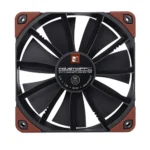 Square black cooling fan with brown corner mounts, used for pc or industrial equipment cooling (industrialppc branding)
