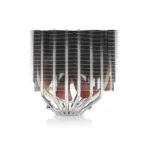 Cpu air cooler with dense vertical fins and multiple heat pipes converging at a silver base.