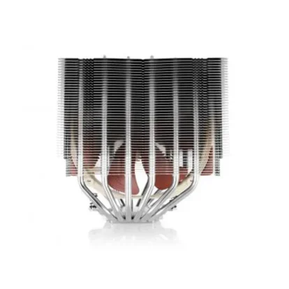 CPU air cooler with dense vertical fins and multiple heat pipes converging at a silver base.