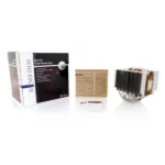 Cpu air cooler kit with a large heatsink and fan, shown with its packaging, installation manual, and mounting hardware.