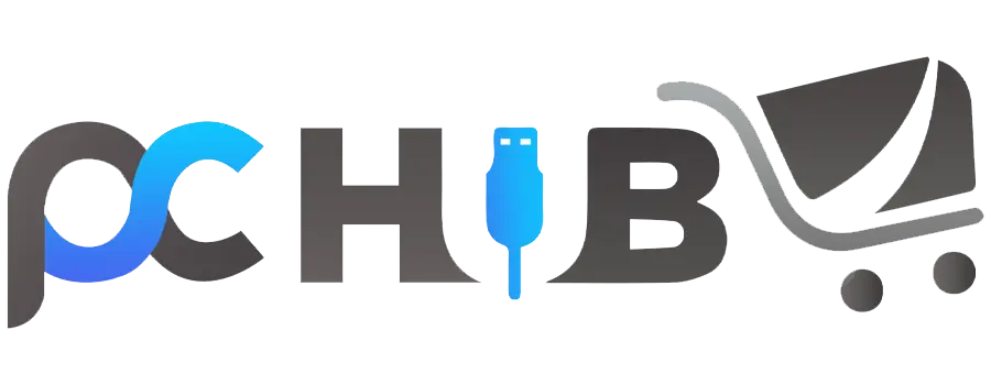 Pc hub logo featuring a blue usb drive as the letter i and a gray shopping cart icon on the right