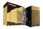 Zotac gaming computer tower with a glass side panel beside its gold and black packaging box