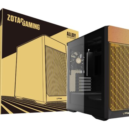 Zotac gaming computer tower with a glass side panel beside its gold and black packaging box