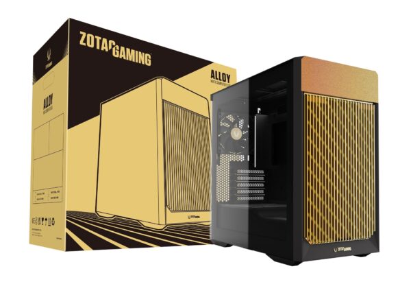 Zotac gaming alloy matx computer case black Zotac gaming computer tower with a glass side panel beside its gold and black packaging box