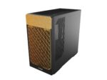Black gaming pc case with a gold front grille and lattice pattern, zotac gaming logo at the bottom.