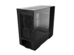 Black mid‑tower pc case with a translucent side panel showing internal fans and components, and front/mide venting visible on the rear side