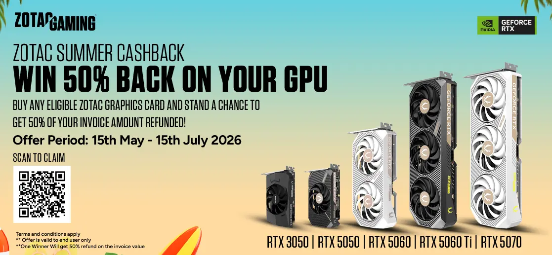 Promotional banner for zotac gaming: “win 50% back on your gpu” with a gradient sunset background, logos, a qr code to claim, and a row of geforce rtx cards (rtx 3050, 5050, 5060, 5060 ti, 5070).