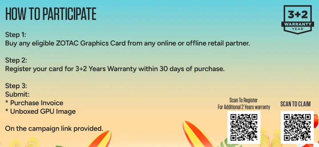 Banner explaining how to participate in zotac 3+2 warranty: buy a graphics card, register within 30 days, then submit purchase invoice and unboxed gpu image; two qr codes on the right for registration and claim.