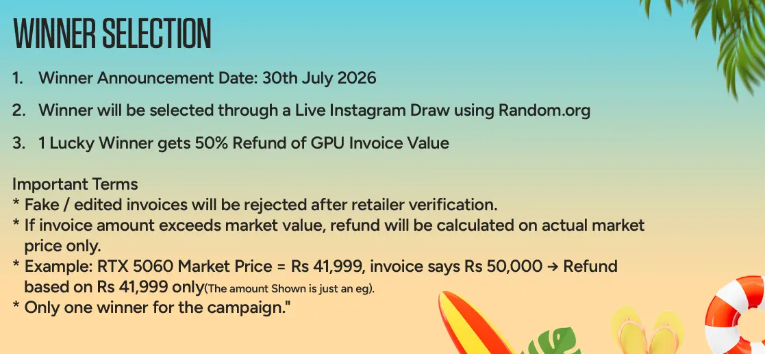 Winner selection slide: date 30th july 2026; live instagram draw; 50% refund; terms listed on a tropical gradient background with palm fronds.