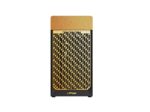Tall computer tower with a gold lattice front panel and black base, zotac gaming branding.
