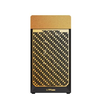 Tall computer tower with a gold lattice front panel and black base, zotac gaming branding.
