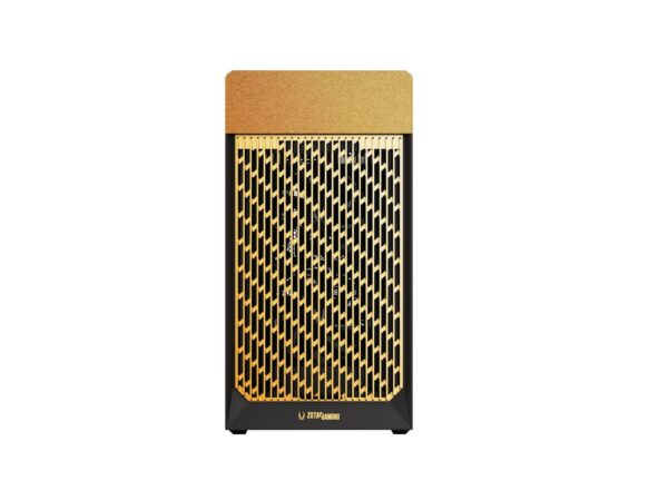 Zotac zc-mab3f-01 gaming cabinet Tall computer tower with a gold lattice front panel and black base, zotac gaming branding.