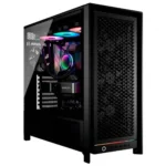 Black mid-tower pc case with a side tempered-glass panel revealing rgb-lit internal components and a visible gpu.