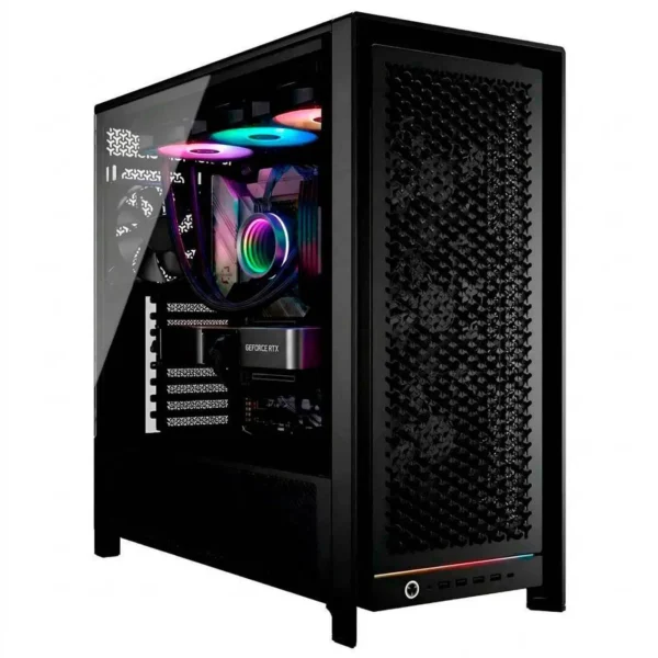 Amd 9980x-1 Black mid-tower pc case with a side tempered-glass panel revealing rgb-lit internal components and a visible gpu.
