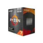 Amd ryzen 7 5000 series processor box with orange ryzen logo and dark metallic packaging viewed from an angle.
