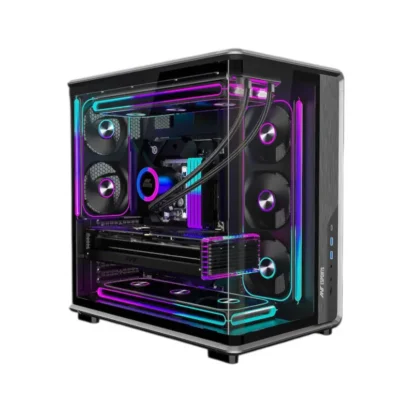 Ant esports crystal x8 arc gaming cabinet black (crystal-x8-arc) Gaming desktop pc with a glass side panel and multicolor rgb lighting, revealing the graphics card, cooling fans, and tubing.