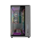 Mid-tower pc case with a transparent side panel showing rgb-lit fans and internal components; front panel includes usb ports and audio jacks.