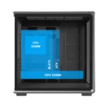 Pc case interior with blue overlays showing component clearances: cpu 165 mm, gpu 420 mm, and motherboard sizes m-atx and atx.
