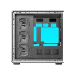 Open computer tower side: a mid-tower case with three front fans and a right-side blue-accent motherboard area, showing cable management space.