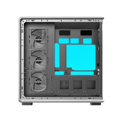 Open computer tower side: a mid-tower case with three front fans and a right-side blue-accent motherboard area, showing cable management space.