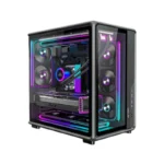 Rgb-lit gaming desktop computer with a glass side panel and illuminated components in purple and blue hues