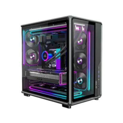 Ant esports crystal x8 frame gaming cabinet black Rgb-lit gaming desktop computer with a glass side panel and illuminated components in purple and blue hues
