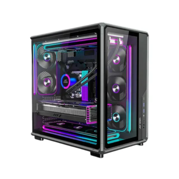 Ant esports crystal x8 frame gaming cabinet black Rgb-lit gaming desktop computer with a glass side panel and illuminated components in purple and blue hues