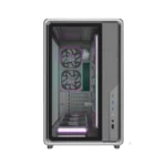Mid-tower pc case with a transparent side panel showing rgb-lit fans and internal components; front i/o ports visible on the right edge.