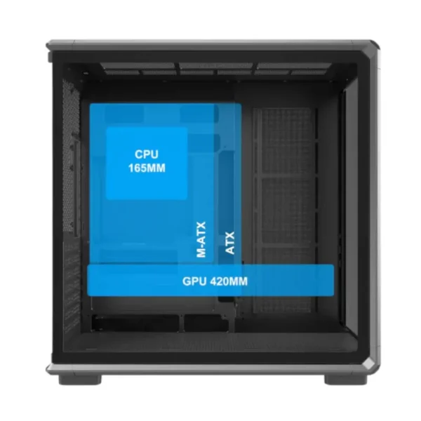 Ant esports crystal x8 frame gaming cabinet black Inside a black pc case with a blue overlay labeling cpu clearance 165mm, atx motherboard, and gpu length 420mm.