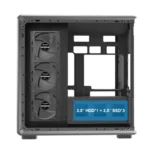Internal view of a desktop computer chassis showing three front-mounted cooling fans on the left and drive bays on the right; a blue label reads '3. 5" hdd*1 + 2. 5" ssd*3' indicating drive configuration.