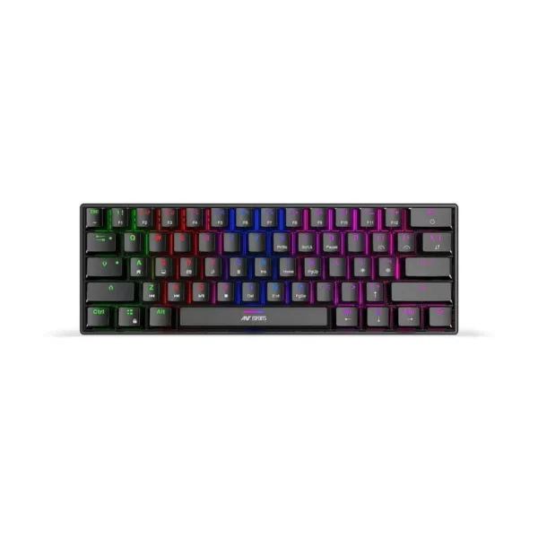 Ant esports mk1300 v2 mini mechanical rgb gaming keyboard with blue switches – black Compact black gaming keyboard with rainbow rgb backlighting on a white background, brand logo visible in the center.