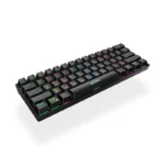 Black mechanical gaming keyboard with rainbow rgb backlighting, angled perspective showing a compact design and logo on the wrist rest area.