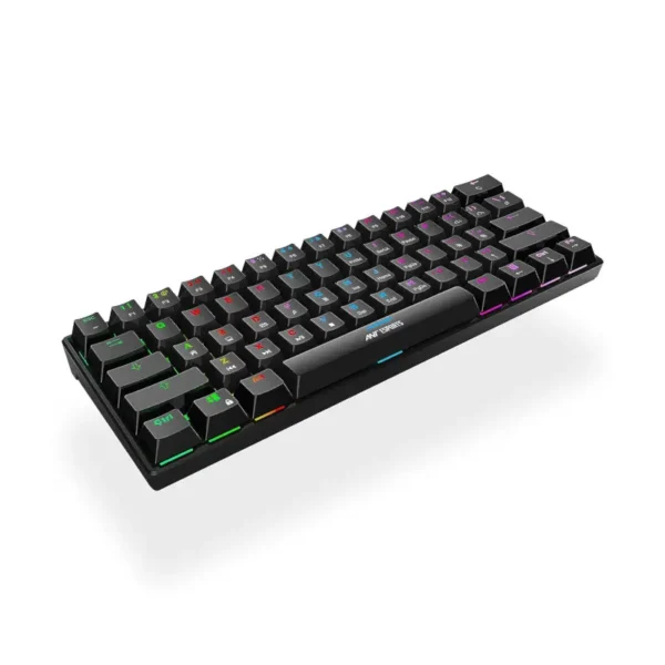 Ant esports mk1300 v2 mini mechanical rgb gaming keyboard with blue switches – black Black mechanical gaming keyboard with rainbow rgb backlighting, angled perspective showing a compact design and logo on the wrist rest area.